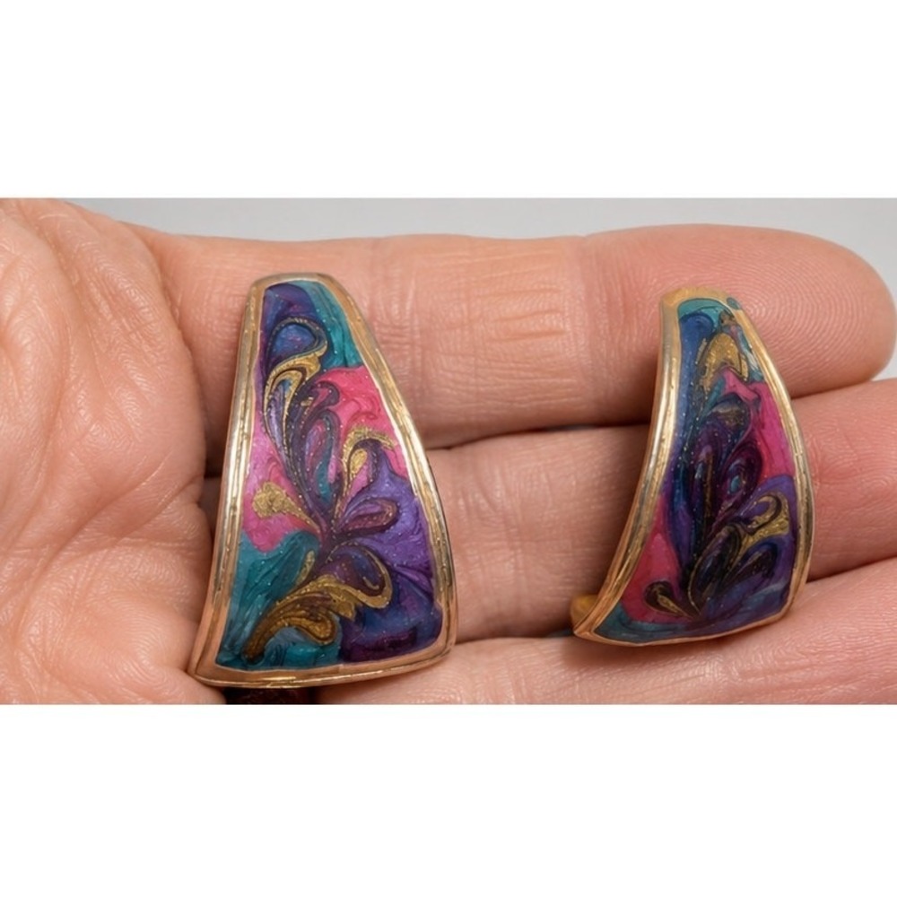 Vintage Enamel Pierced Earrings 1" Blue Purple Pink Retro Jewelry bp-51